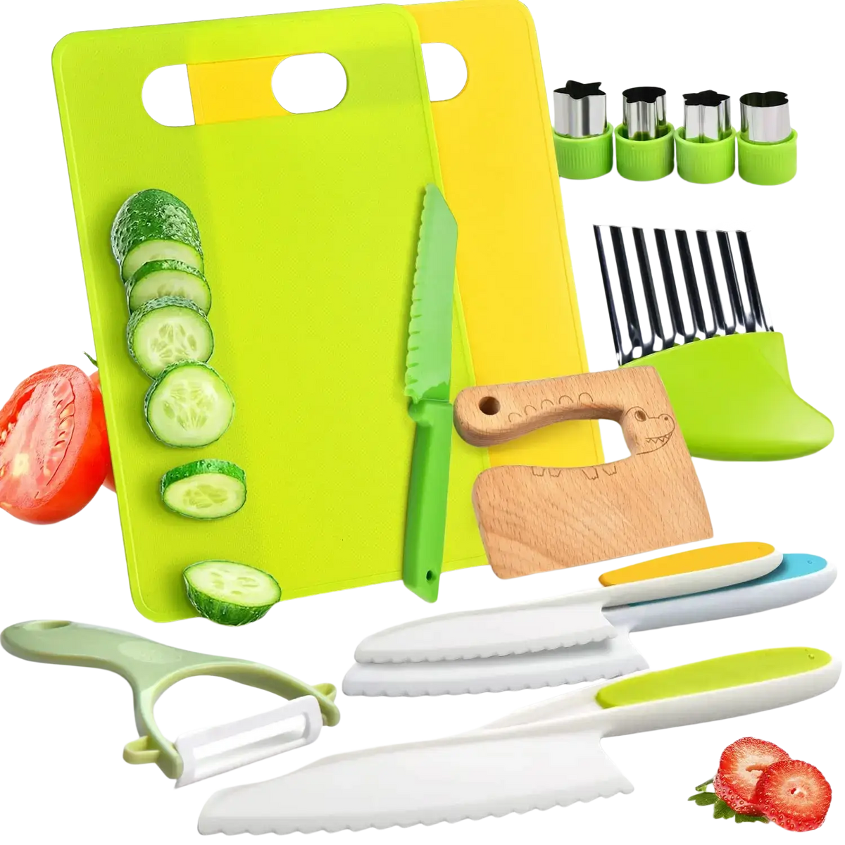 Bright green plastic cutting board with yellow handle cutout and sliced cucumber from kids safe montessori kitchen tool set