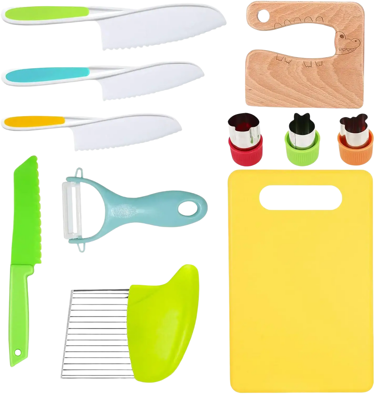 Kids safe Montessori kitchen tool set with colorful plastic knives peeler and animal-shaped cookie cutters for children