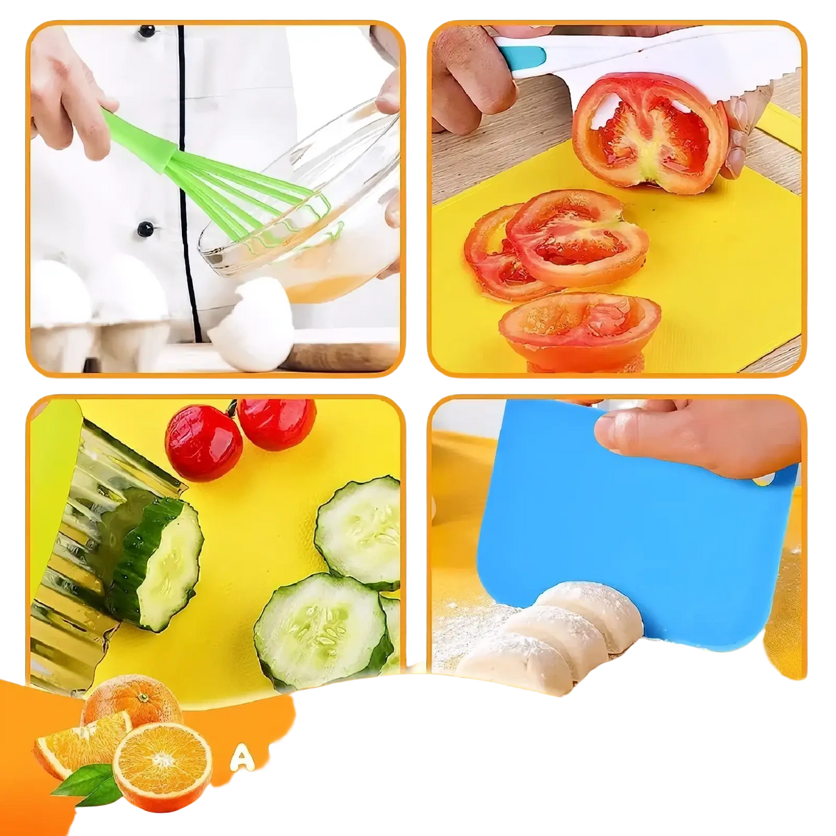 Green silicone whisk with clear glass mixing bowl from kids safe montessori kitchen tool set for child-friendly cooking