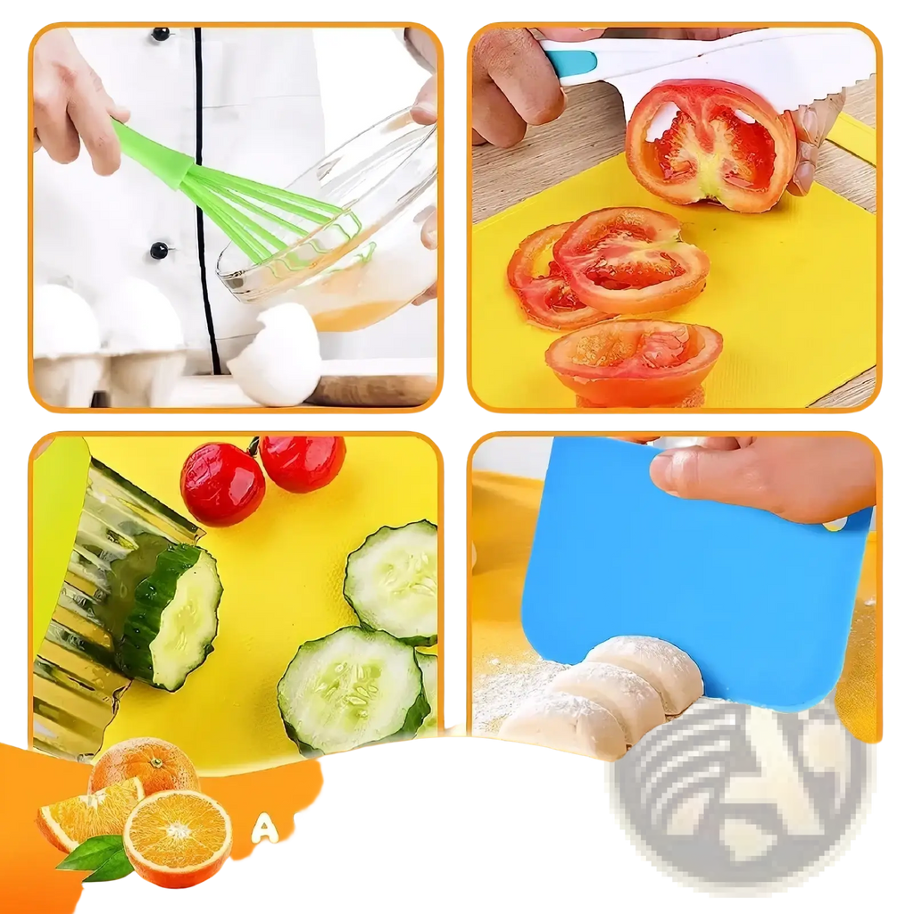 Green silicone whisk with clear glass mixing bowl from kids safe montessori kitchen tool set for child-friendly cooking