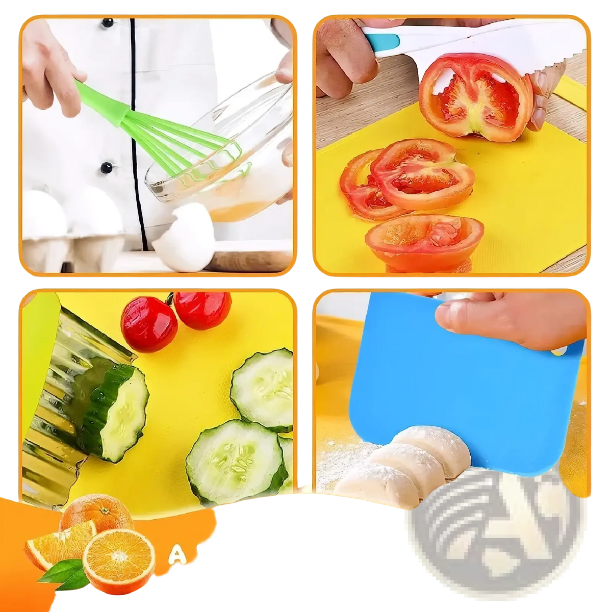 Green silicone whisk with clear glass mixing bowl from kids safe montessori kitchen tool set for child-friendly cooking