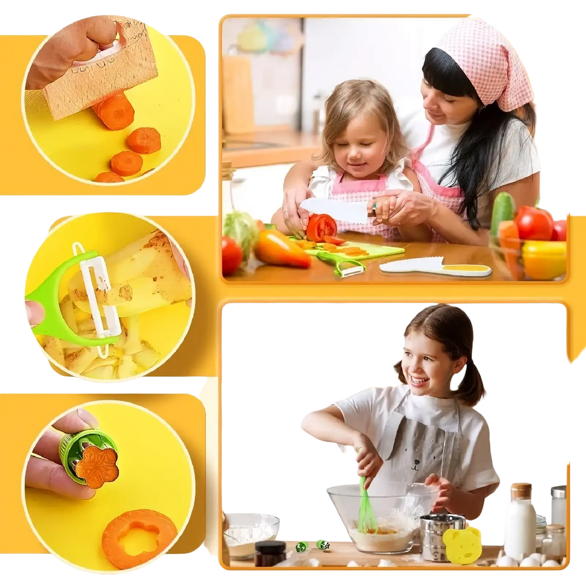 Green and white vegetable peeler with ergonomic handle made for kids safe montessori kitchen tool set use