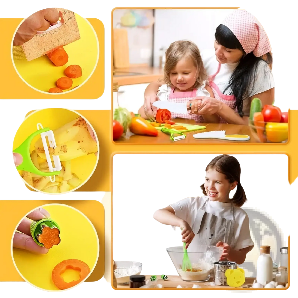 Green and white vegetable peeler with ergonomic handle made for kids safe montessori kitchen tool set use