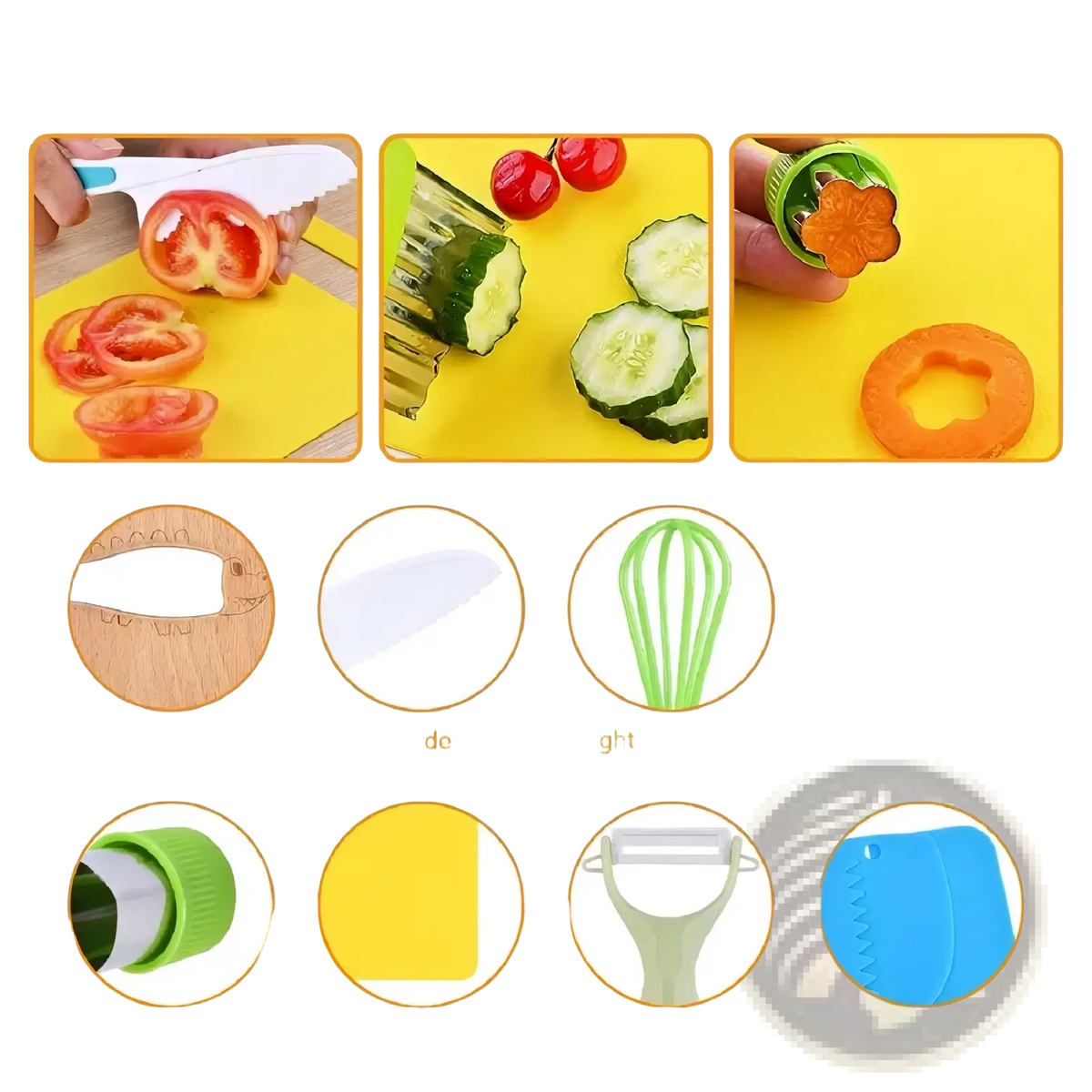Kids safe montessori kitchen tool set with white serrated knife and green blue vegetable slicer for precise cutting