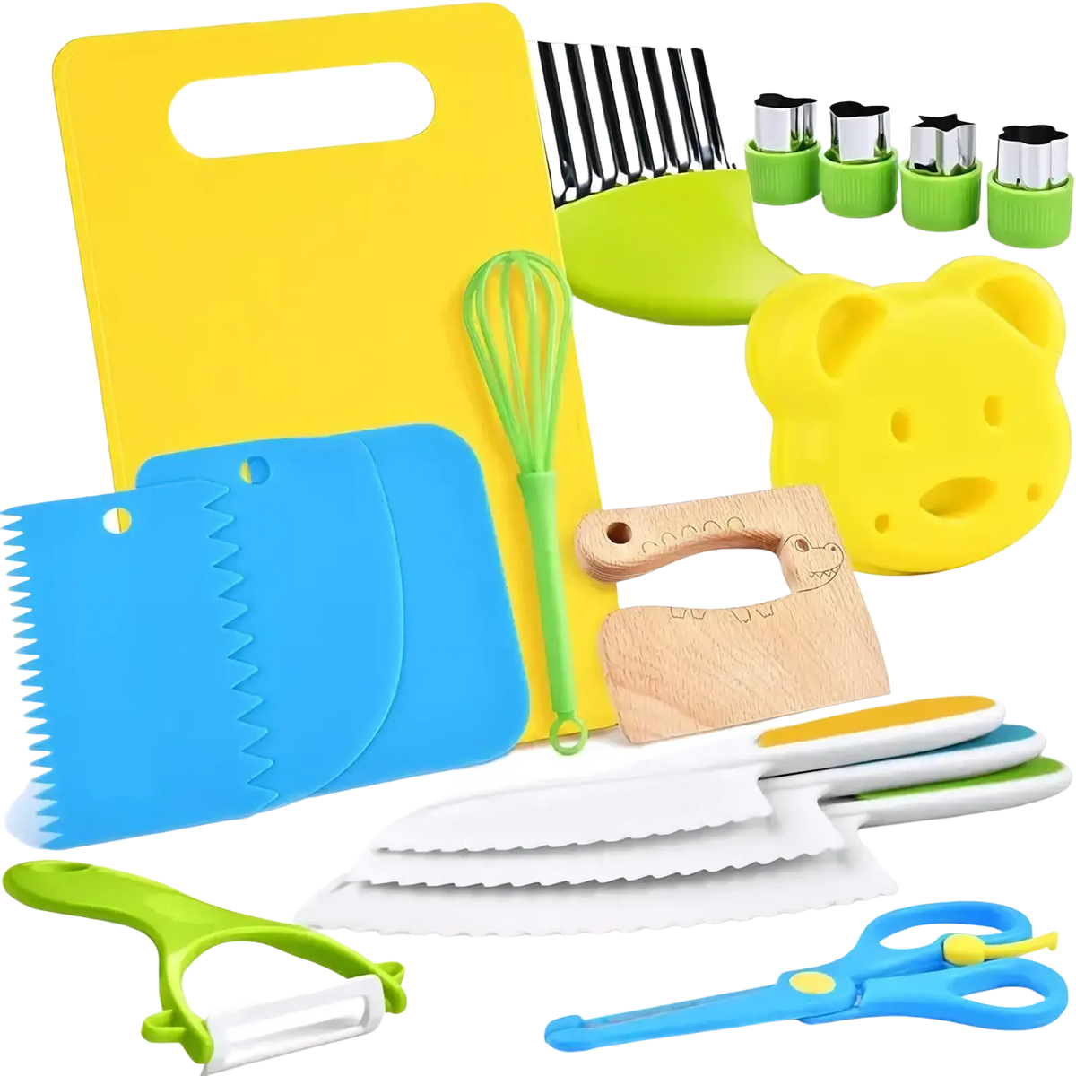 Yellow bear-shaped silicone cookie cutter from kids safe montessori kitchen tool set for child-friendly baking