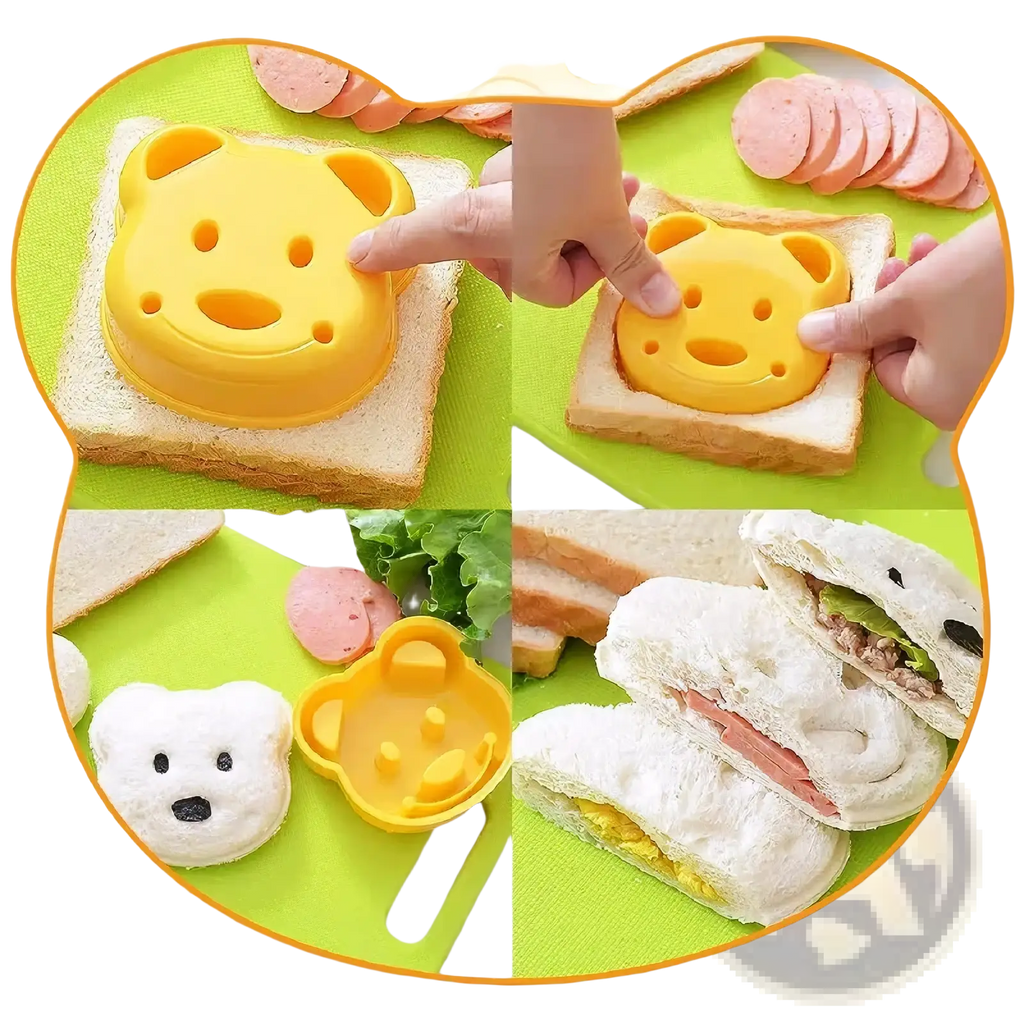 Yellow plastic bear-shaped sandwich cutter from kids safe montessori kitchen tool set for child-friendly food preparation