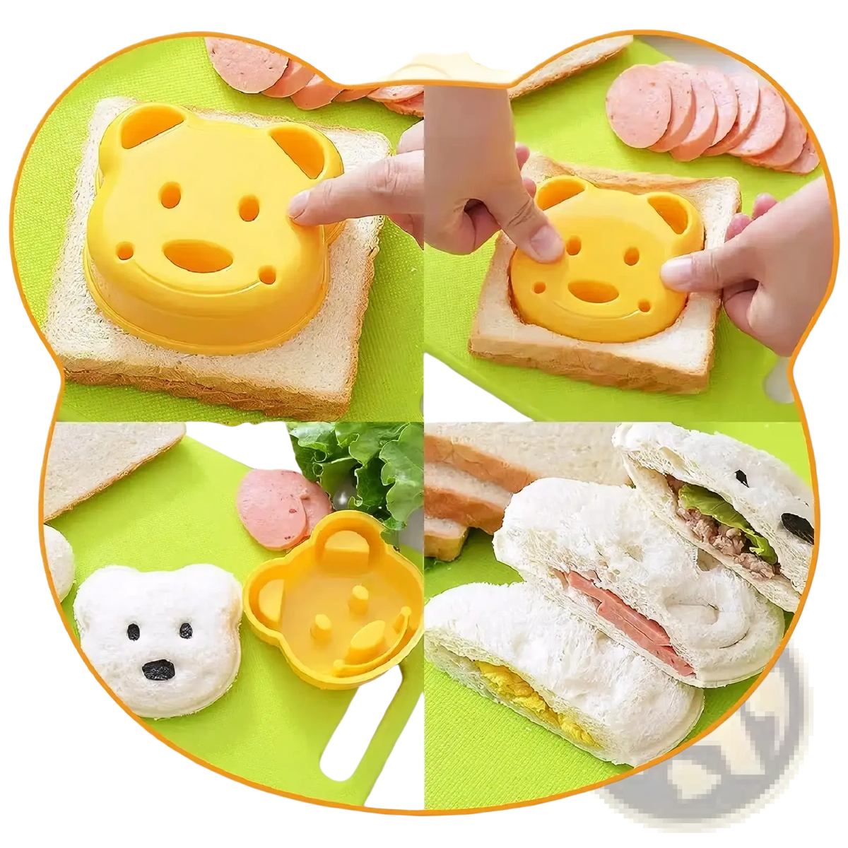 Yellow plastic bear-shaped sandwich cutter from kids safe montessori kitchen tool set for child-friendly food preparation