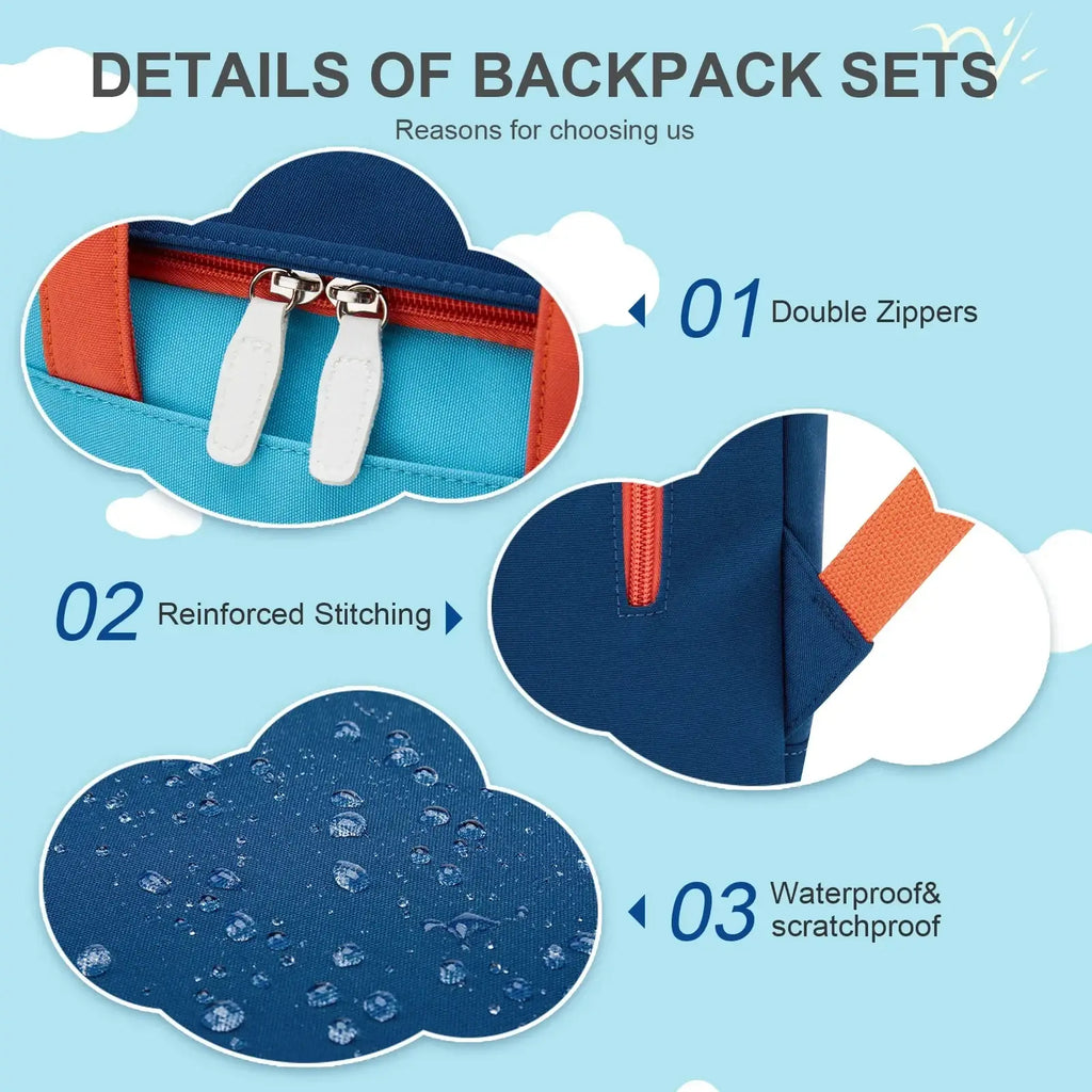 Kids school backpack in blue and orange with double zippers reinforced stitching and waterproof material for casual use