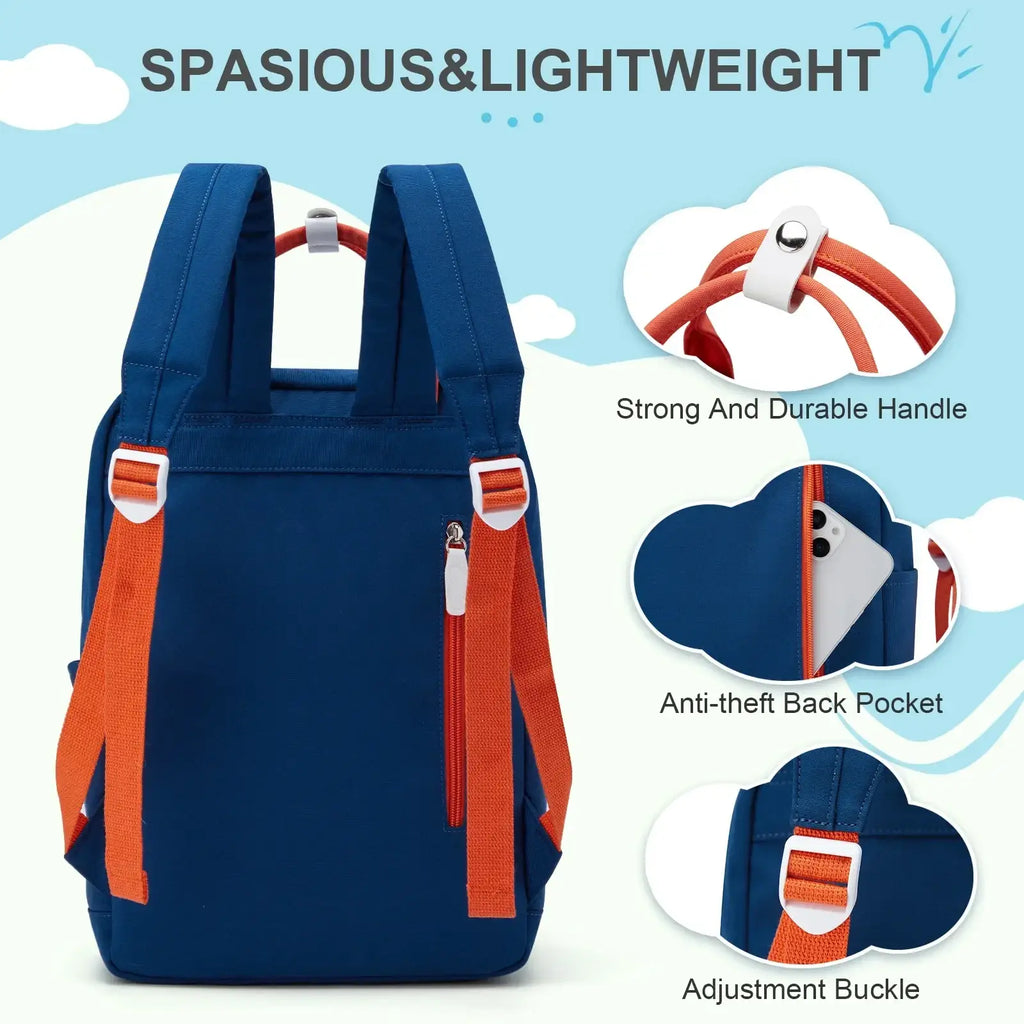 Kids school backpack two-tone blue and orange with durable fabric straps and white plastic buckles for casual use