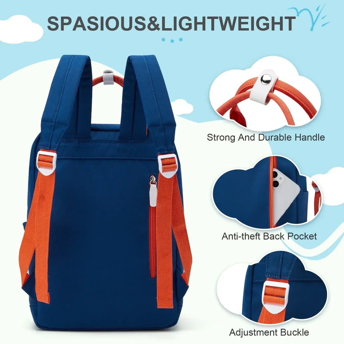 Kids school backpack two-tone blue and orange with durable fabric straps and white plastic buckles for casual use