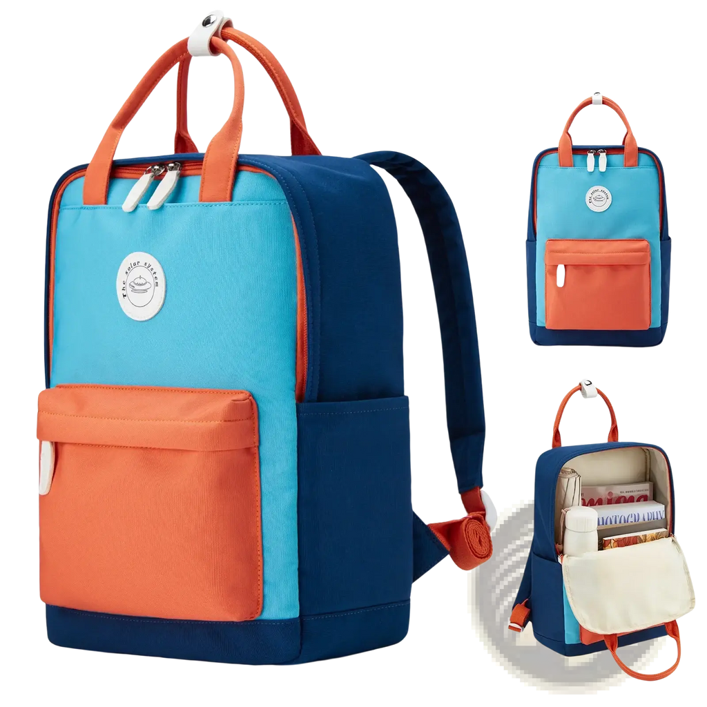 Kids school backpack in vibrant blue and orange with sturdy fabric and multiple compartments for casual use
