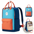 Kids school backpack in vibrant blue and orange with sturdy fabric and multiple compartments for casual use
