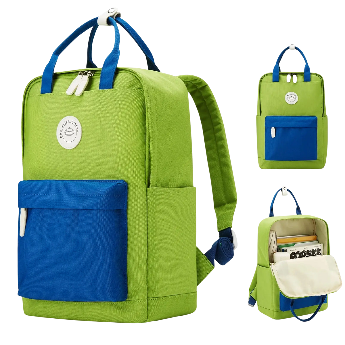 Kids school backpack two-tone casual canvas bookbag in bright green and blue with a circular white logo patch on front