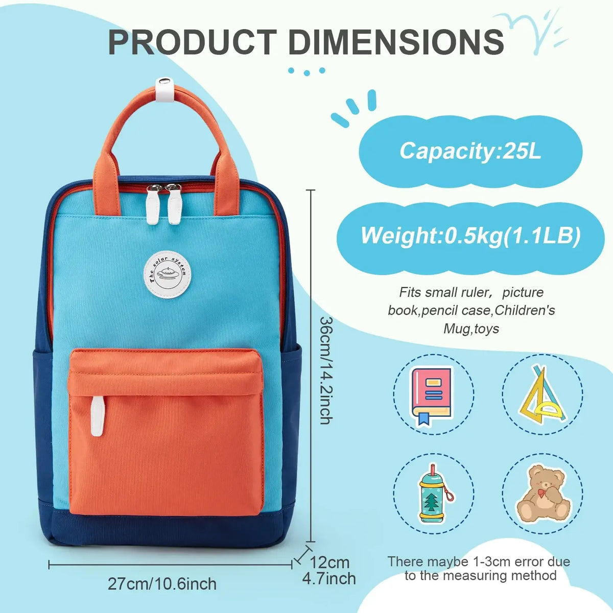 Kids school backpack two-tone casual bookbag with light blue upper, orange front pocket, and navy blue trim and handles