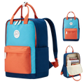 Kids school backpack in vibrant blue and orange with sturdy fabric and multiple compartments for casual use