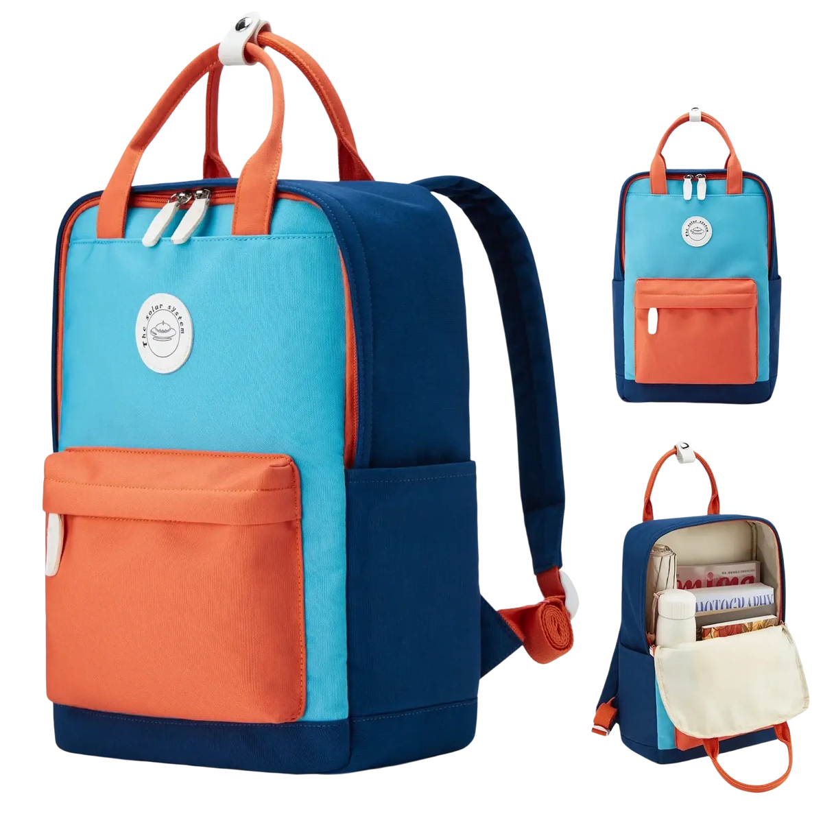 Kids school backpack in vibrant blue and orange with sturdy fabric and multiple compartments for casual use