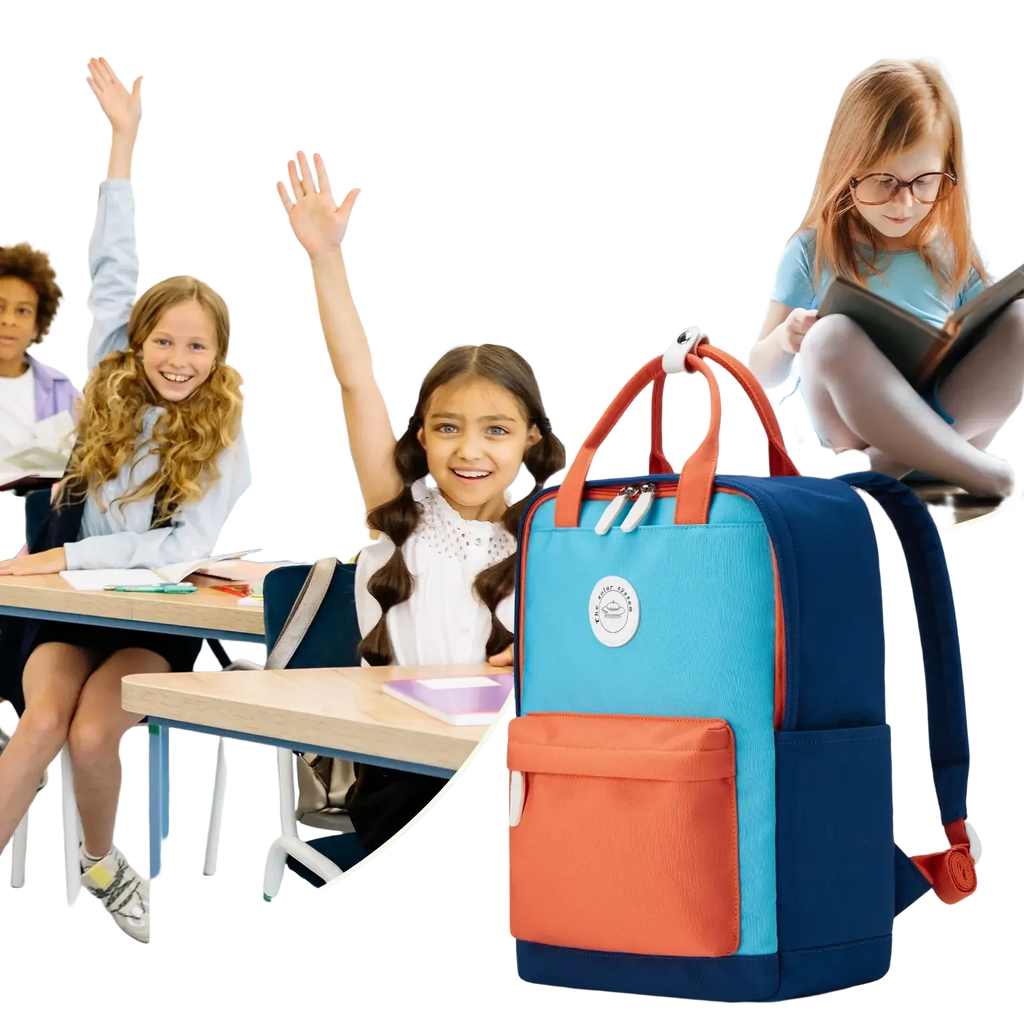 Kids school backpack two-tone casual bookbag in vibrant blue and orange with navy straps and a white circular logo on front