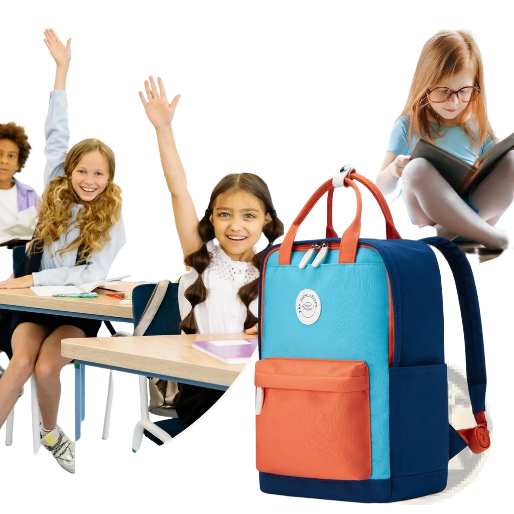 Kids school backpack two-tone casual bookbag in vibrant blue and orange with navy straps and a white circular logo on front