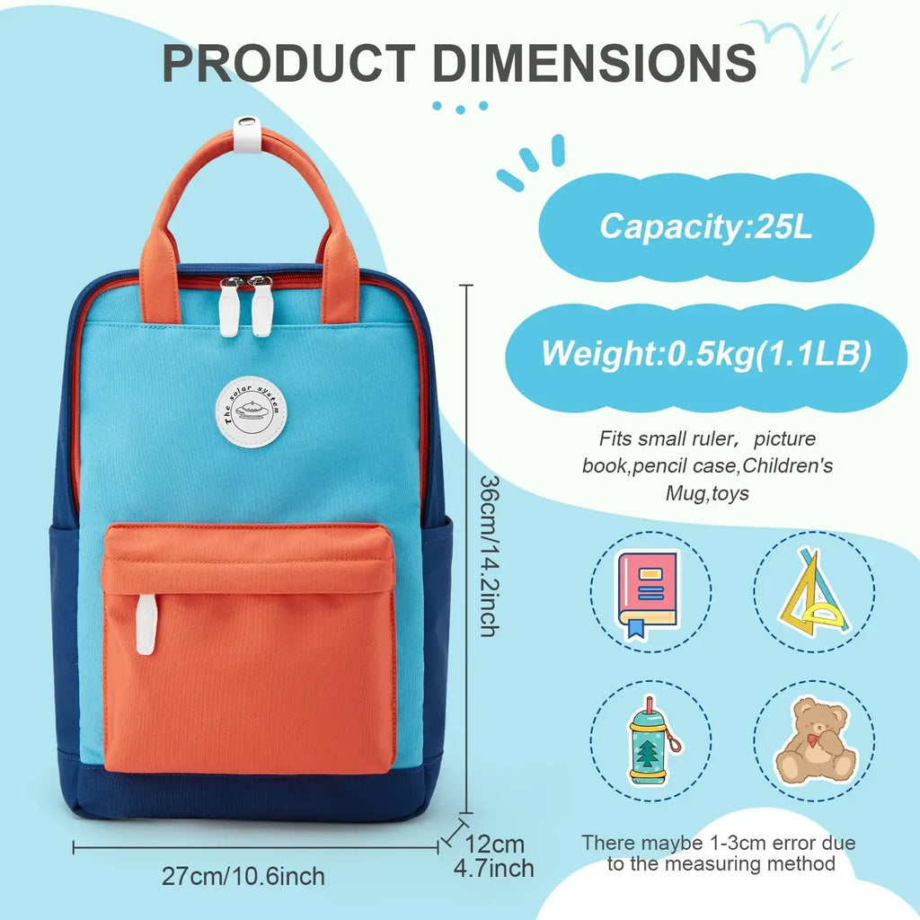 Kids school backpack two-tone casual bookbag with light blue upper, orange front pocket, and navy blue trim and handles