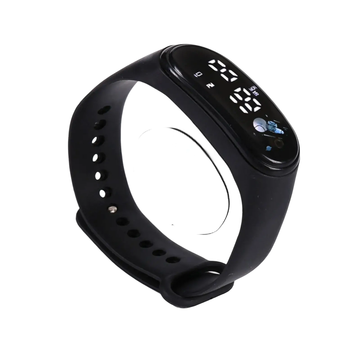 Black silicone kids digital fitness watch with a digital display showing time and steps for activity tracking