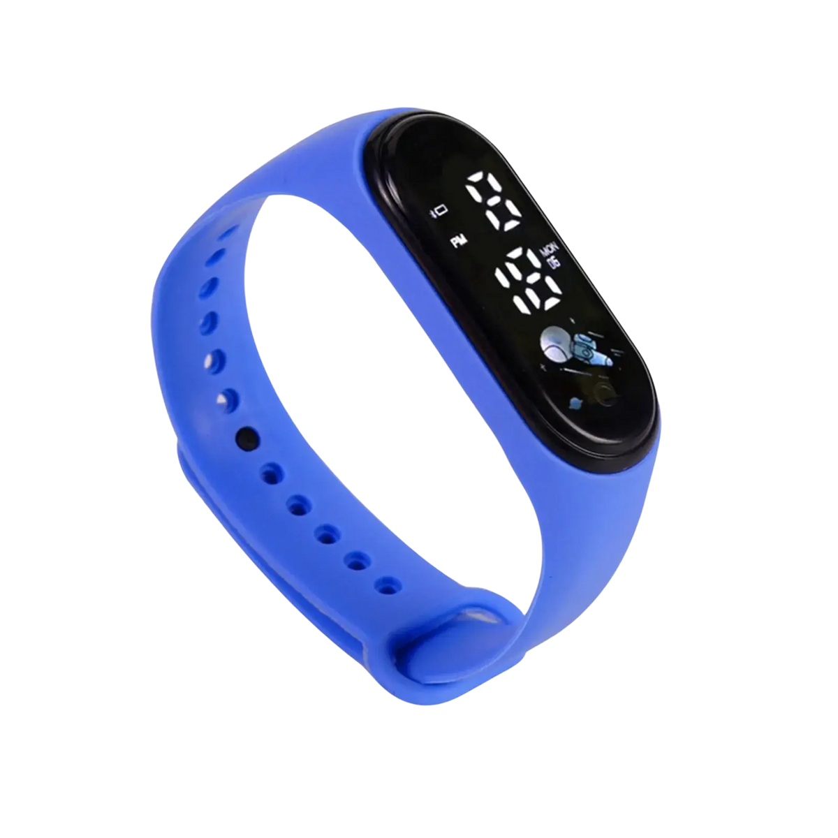 Kids silicone digital fitness watch with a blue silicone wristband and black digital display showing time and date
