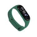Kids silicone digital fitness watch in green with a black digital display showing time and date