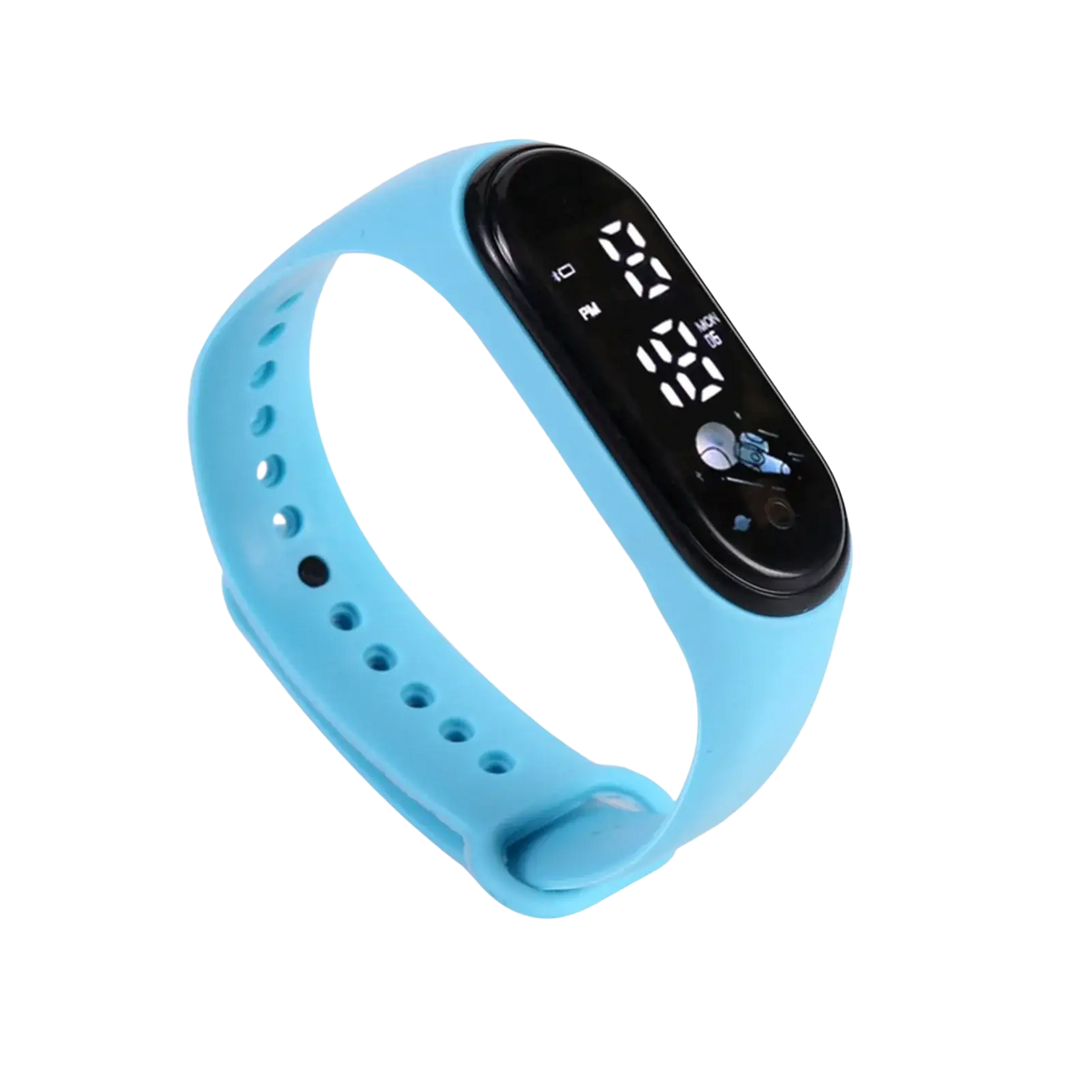 Kids silicone digital fitness watch with light blue silicone wristband and black digital time and date display
