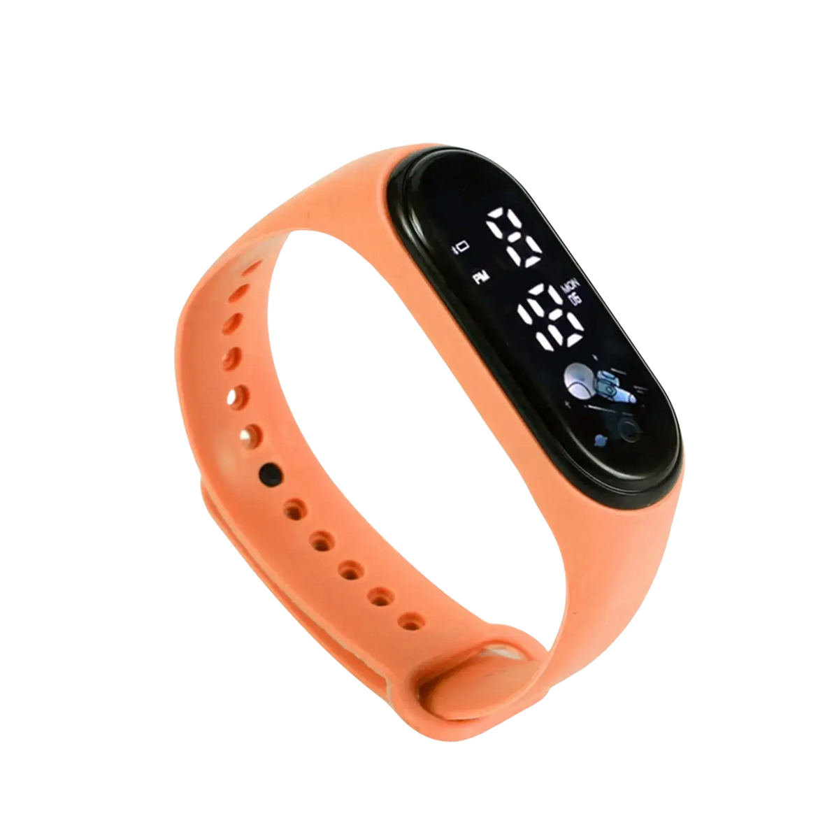Kids silicone digital fitness watch with orange silicone wristband and black digital display showing time and date