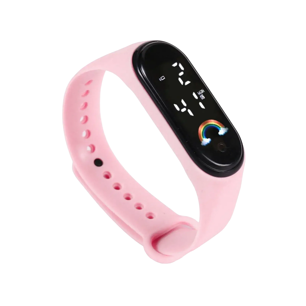 Kids silicone digital fitness watch in pink with a black digital display showing time and a rainbow graphic