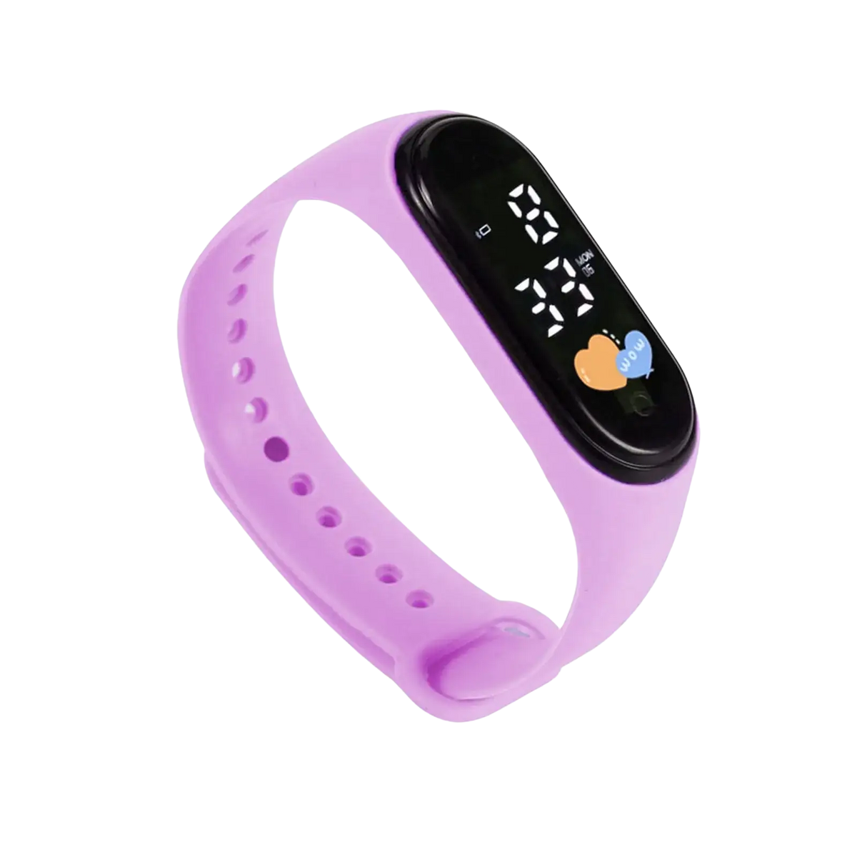 Purple silicone kids digital fitness watch with black display showing time and heart icons
