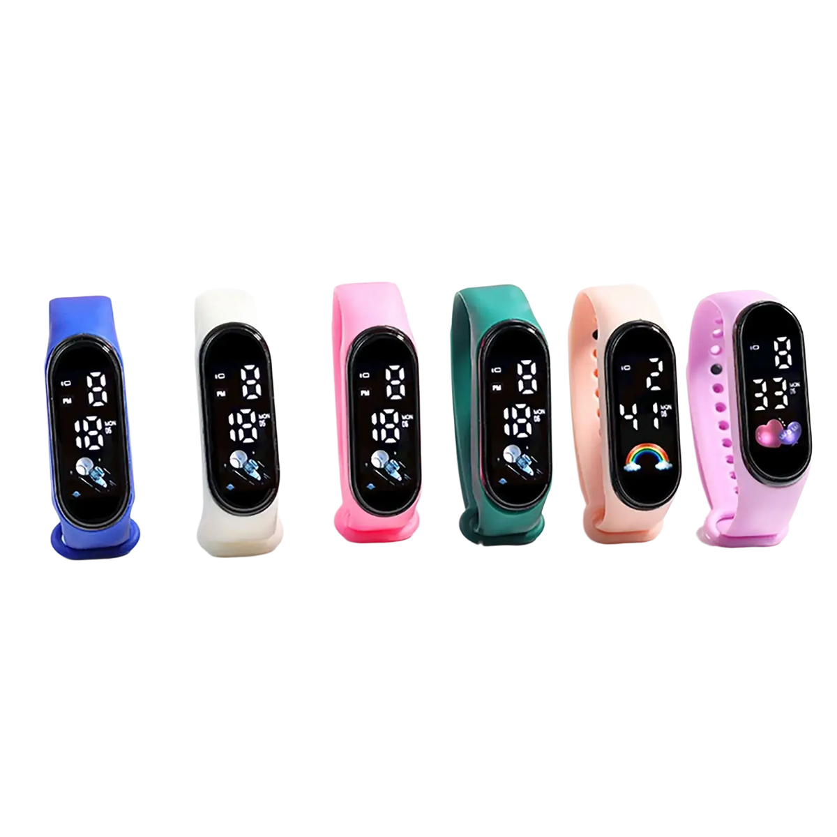A row of colorful kids silicone digital fitness watches with black rectangular screens displaying time and date