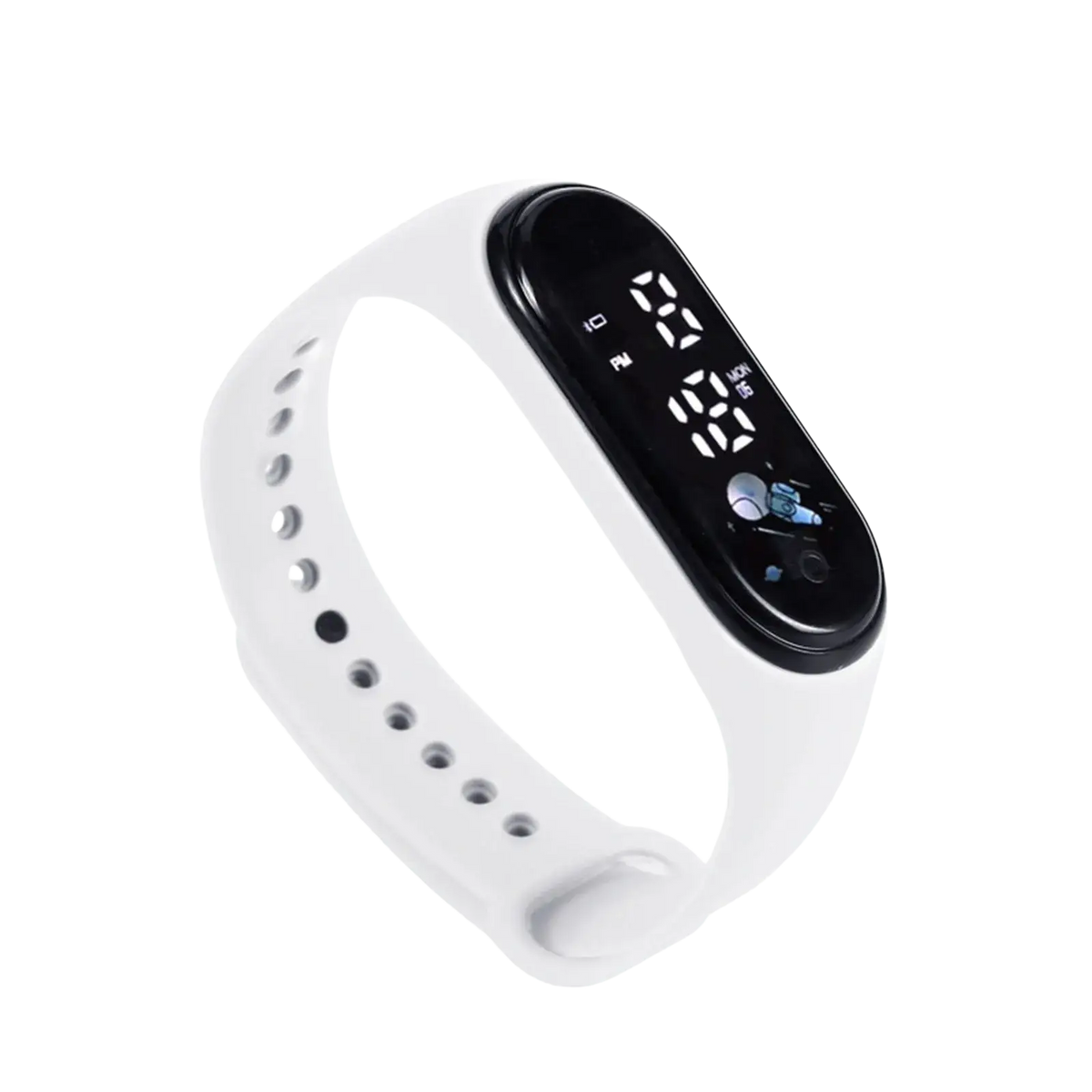 Kids silicone digital fitness watch with white silicone band and black digital display showing time and date