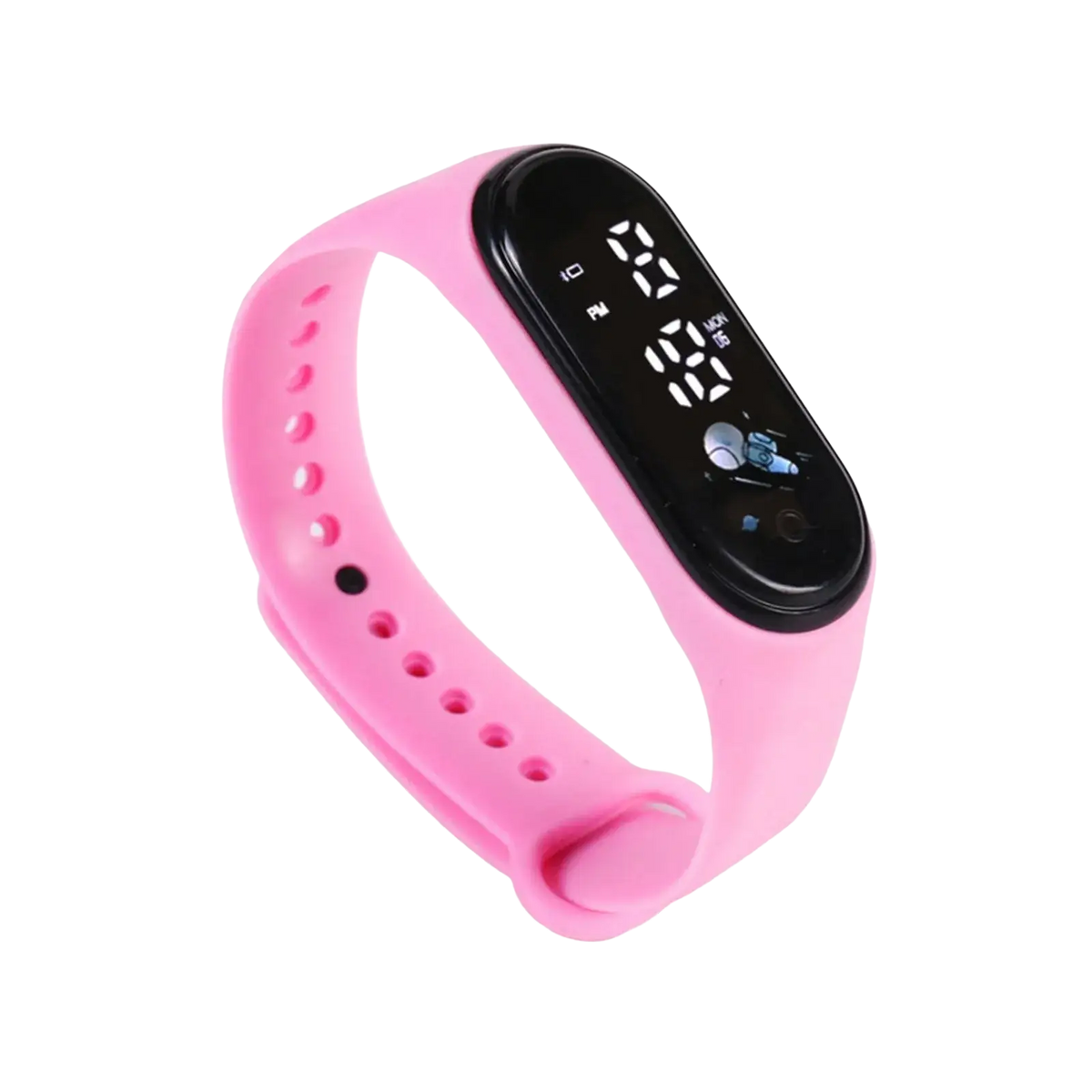 Pink kids silicone digital sports watch outdoor with black digital display showing time and date