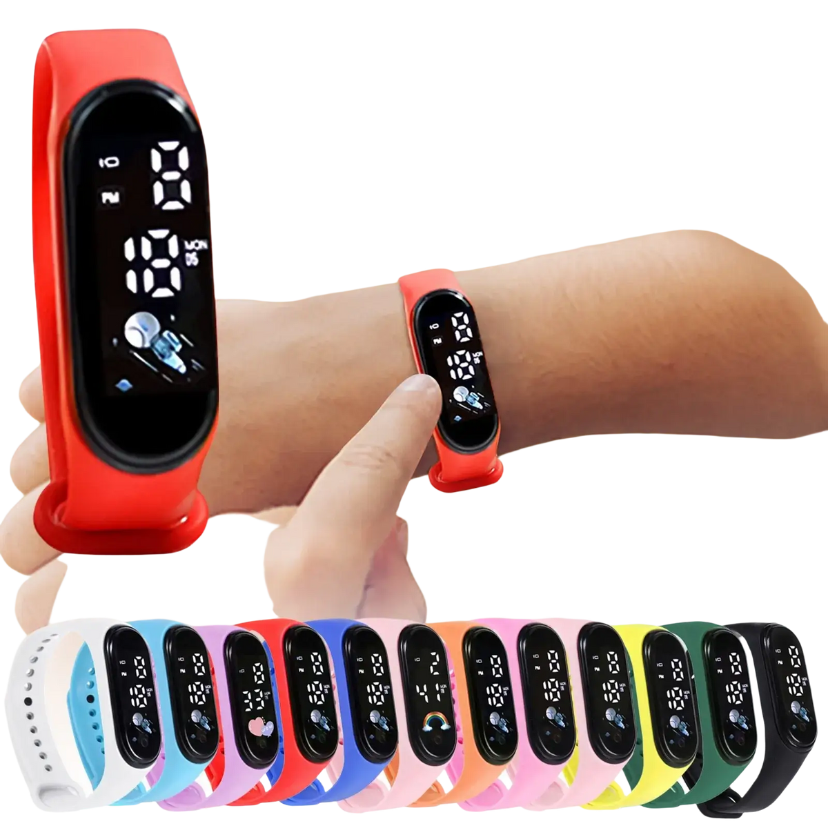 Kids silicone digital sports watch outdoor with red silicone band and black display showing time and date