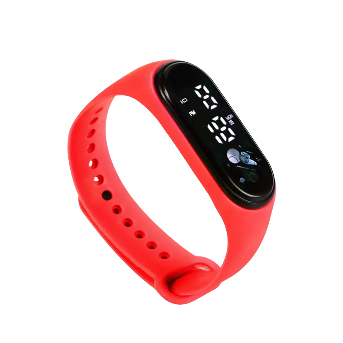 Red silicone kids digital sports watch outdoor with black display showing time and date for active use