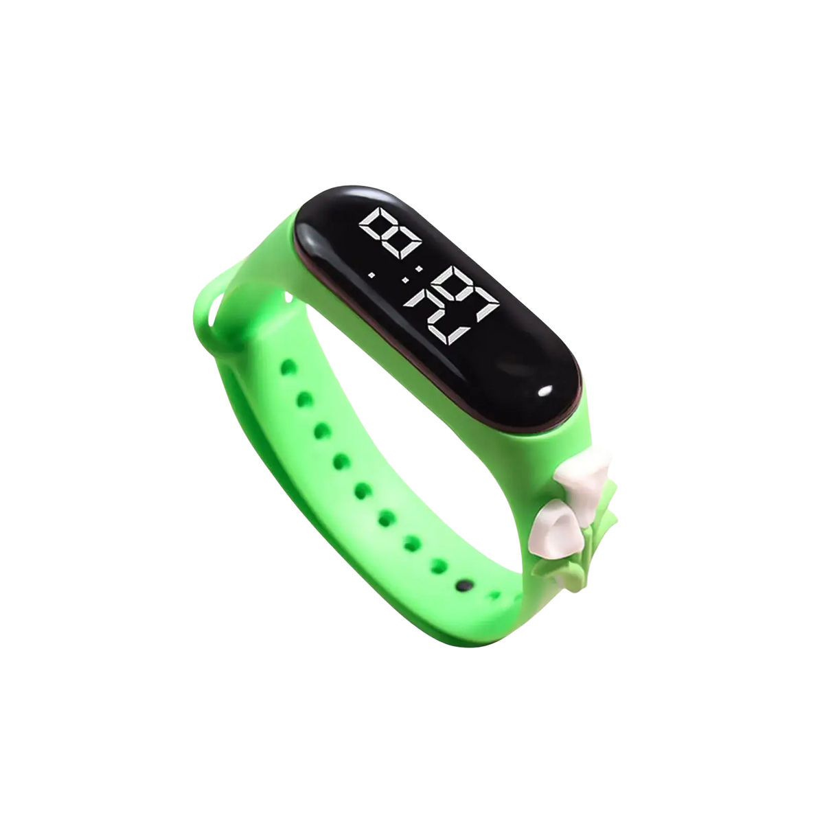 Bright green kids silicone digital watch with life waterproof feature and black display adorned with white bow decorations