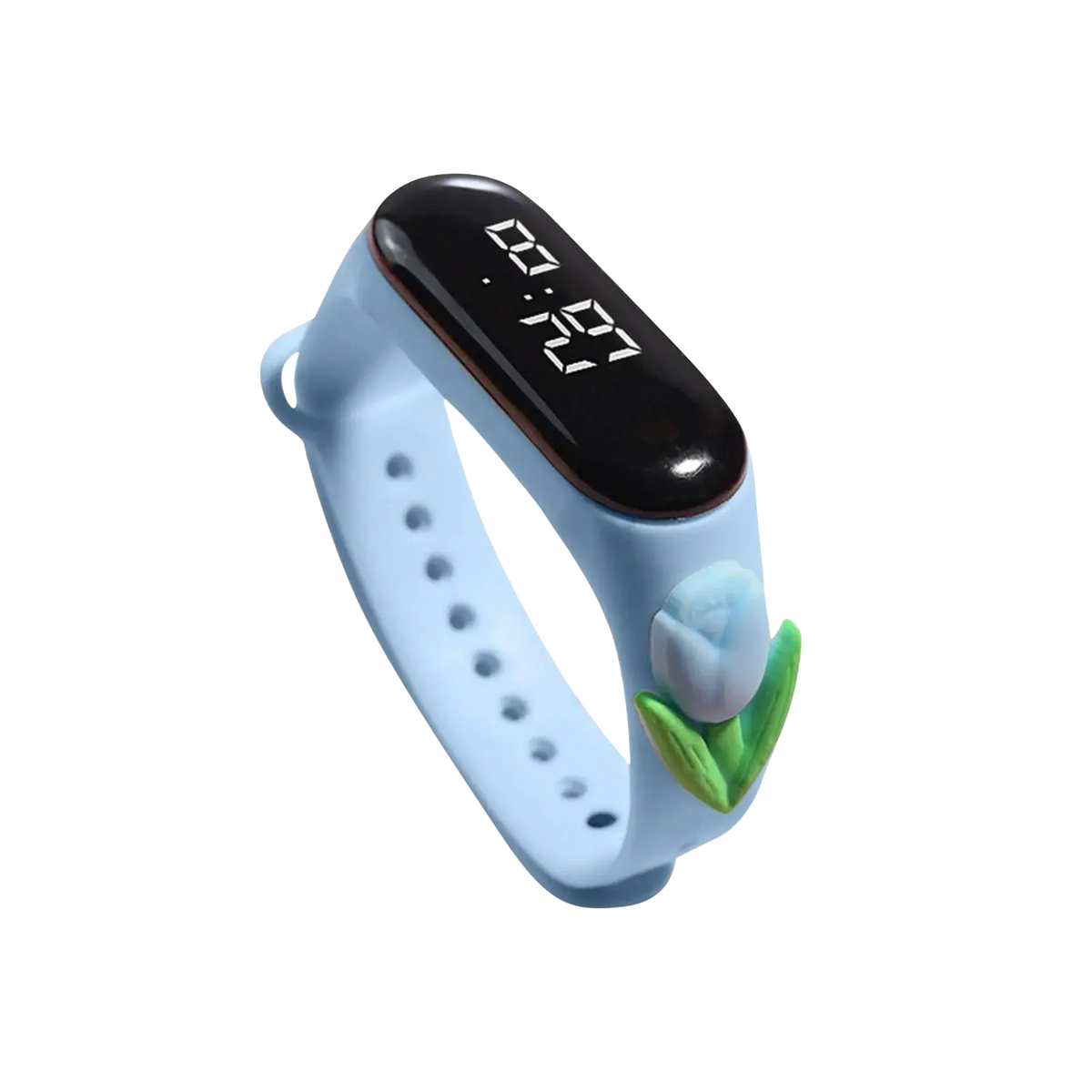 Light blue kids silicone digital watch with life waterproof feature and black display showing 07 21 with tulip charm