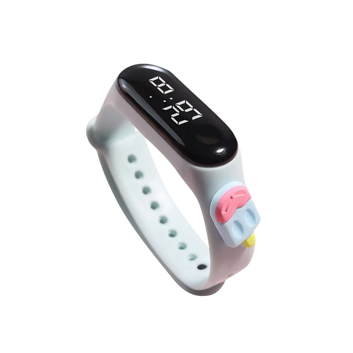 Light gray kids silicone digital watch with black display showing 8 29 life waterproof material type with ice cream charm