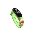 Kids silicone digital watch life waterproof in lime green with black display and pink donut charm made of silicone material