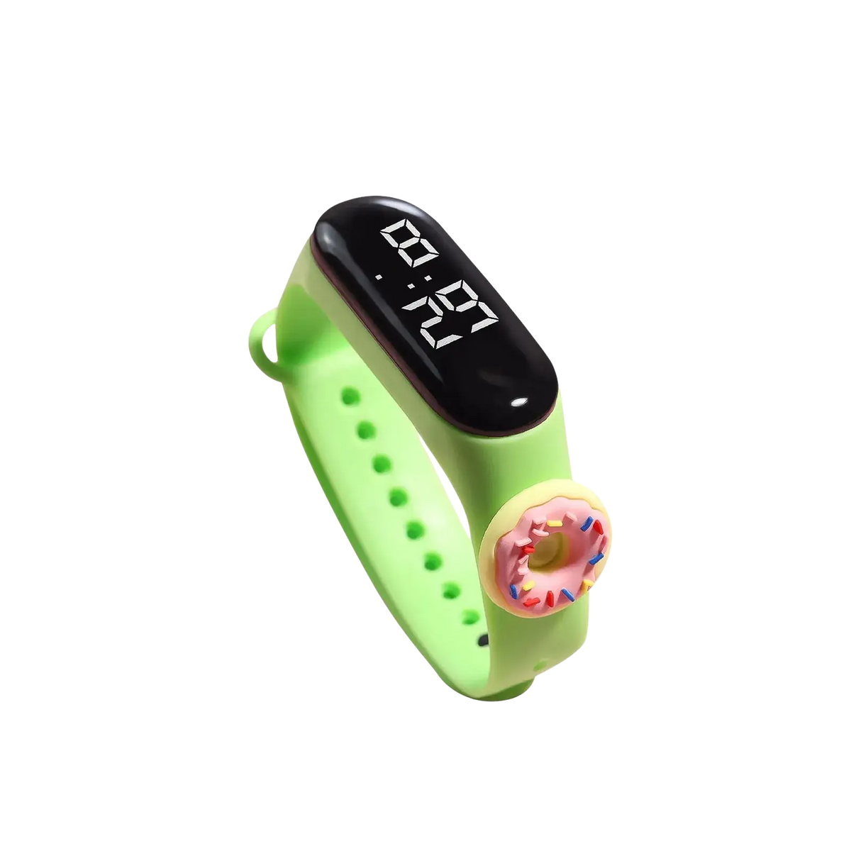 Kids silicone digital watch life waterproof in lime green with black display and pink donut charm made of silicone material