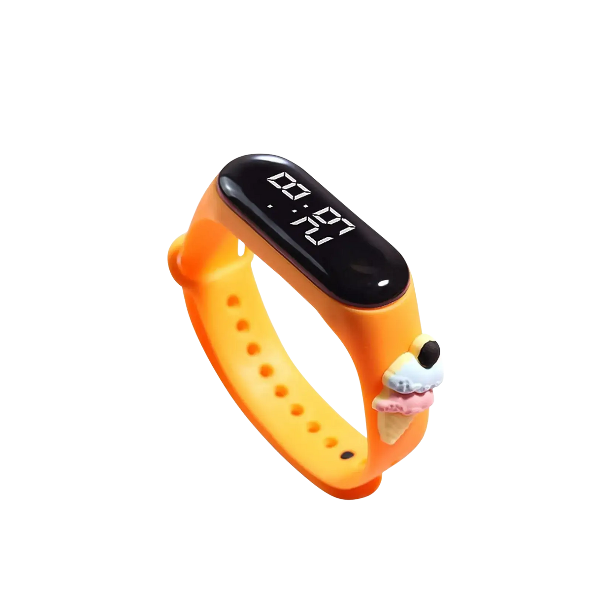 Orange silicone kids digital watch with black display and ice cream charm life waterproof material type
