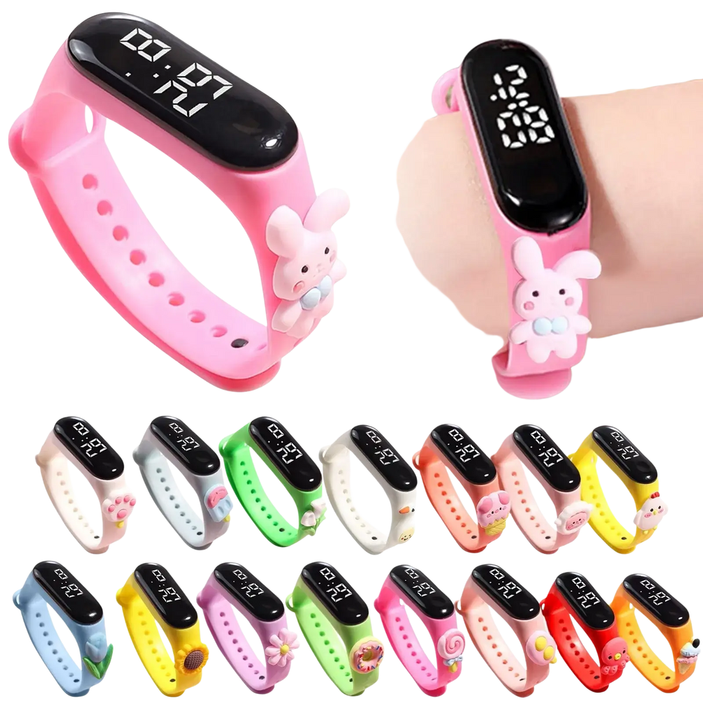 Pink silicone kids digital watch with cute bunny charm and black screen featuring life waterproof material type