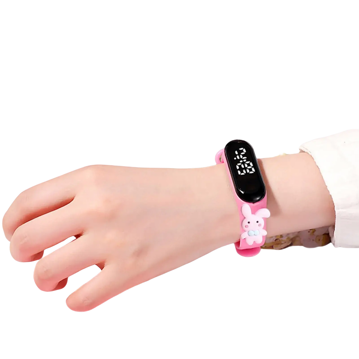 Pink kids silicone digital watch with life waterproof feature and white bunny charm on black display screen
