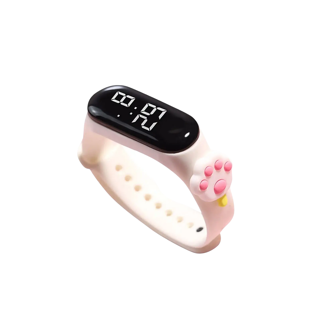 Pink silicone cat paw digital kids watch with black display featuring life waterproof material type