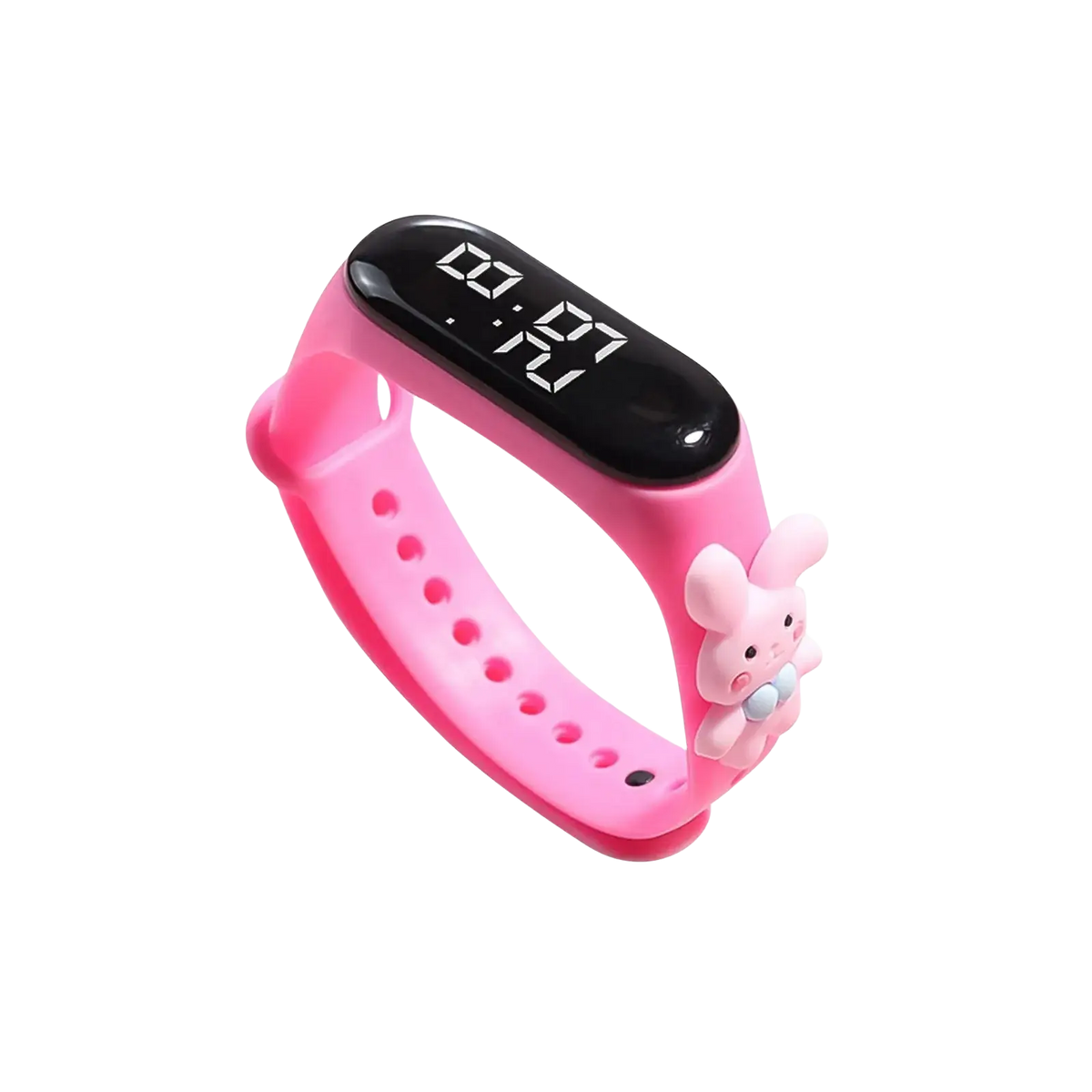 Kids silicone digital watch with pink silicone material, life waterproof feature, and black display showing 08 17 with bunny charm