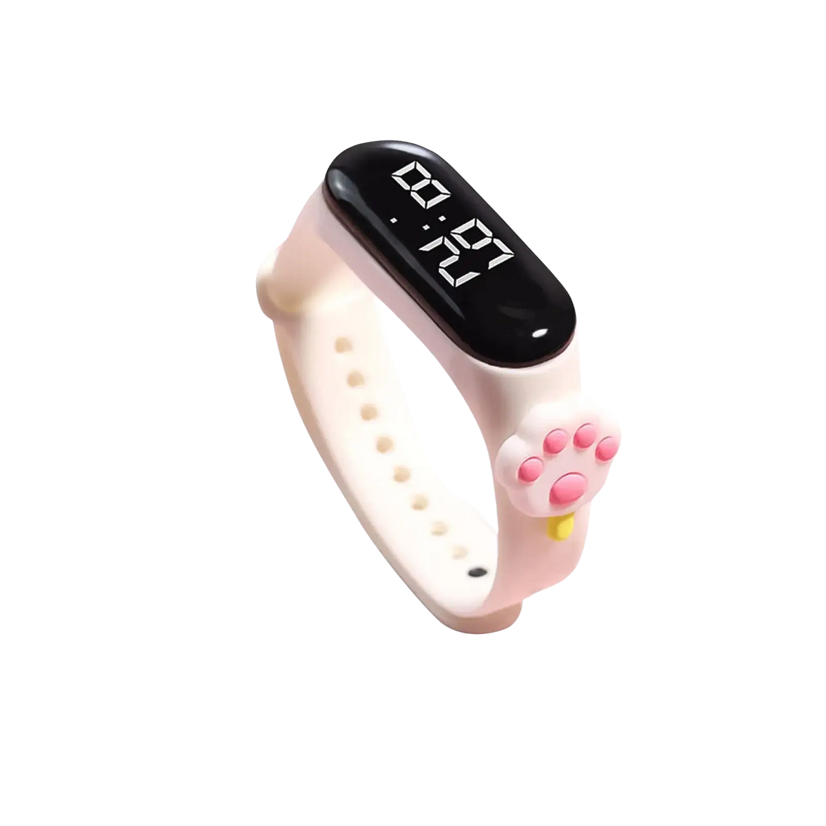 Pink silicone kids digital watch with black display, cute cat paw design, life waterproof material type