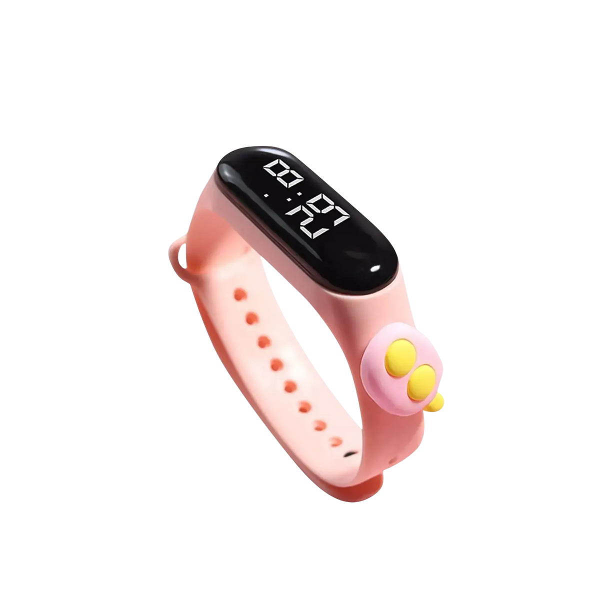 Pink silicone kids digital watch with life waterproof feature black display and yellow button accents