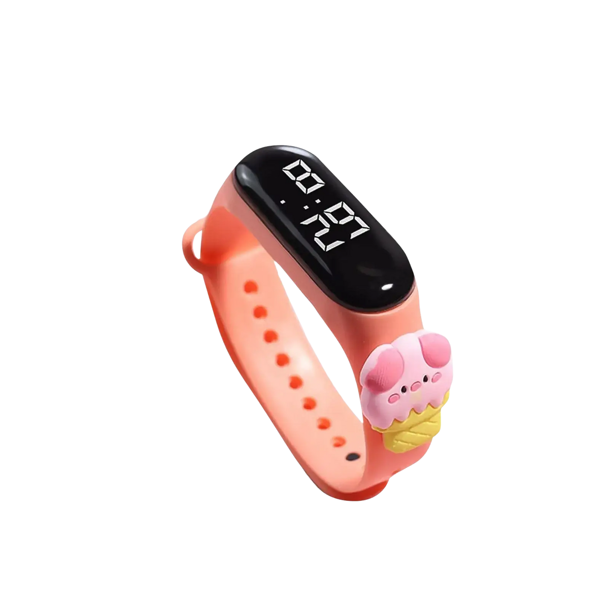 Kids silicone digital watch in pink with life waterproof material type and ice cream charm showing 09:27 time