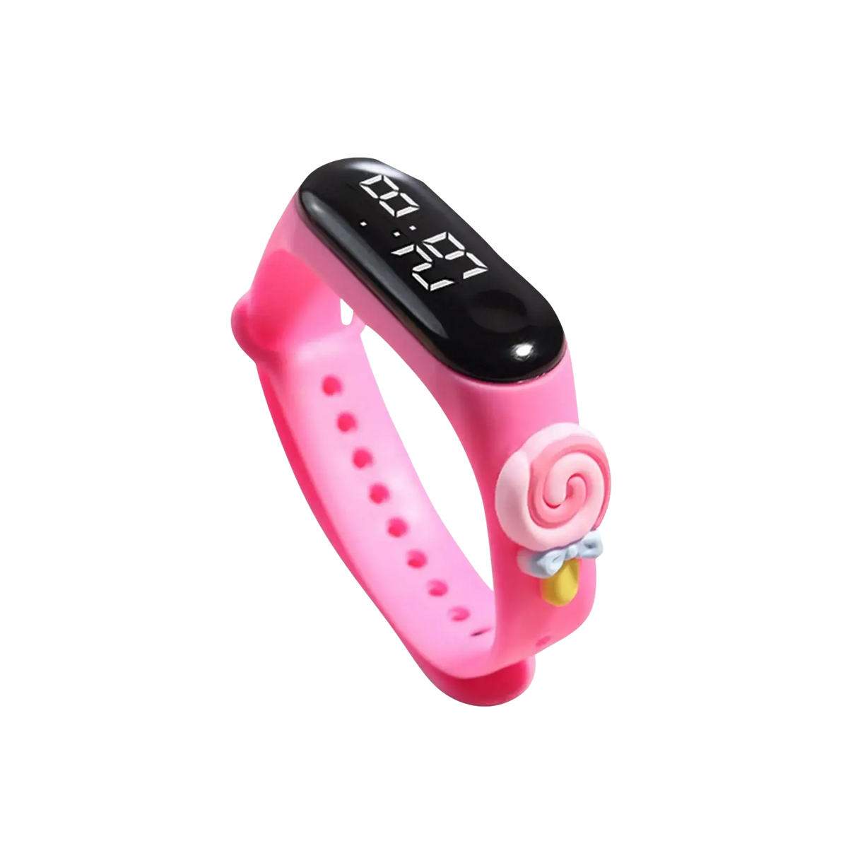 Pink silicone kids digital watch with life waterproof feature and black display with pink lollipop charm attached