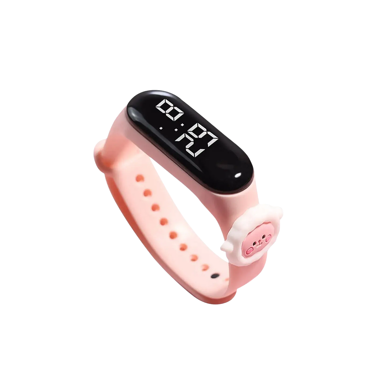 Pink silicone kids digital watch with life waterproof feature and pig face charm on black digital display